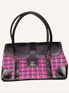 Y2K Style Pink Tweed Plaid Satchel Bag Black Trim Top Handle Chic Purse Preppy